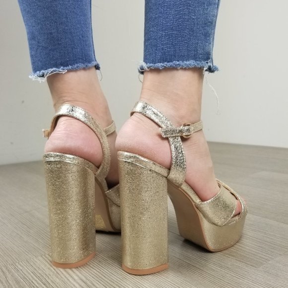 Metallic Gold Open Toe Platform Heels - Picture 5 of 7